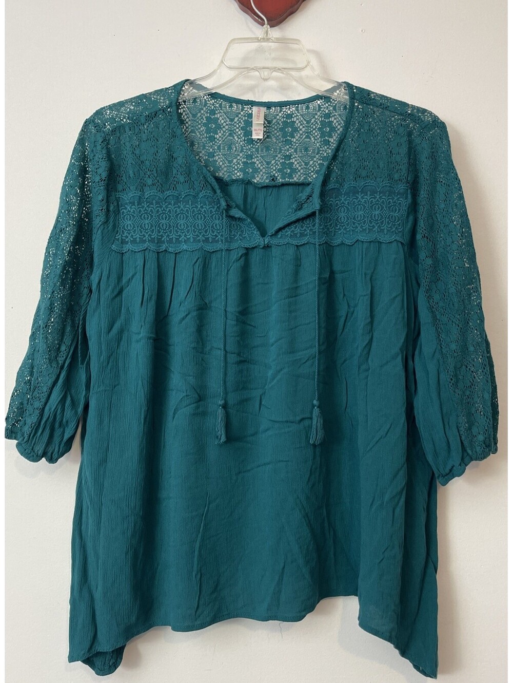 Xhilaration Womens 2xl Green Vneck Pullover Crocheted Tunic Blouse! M1445